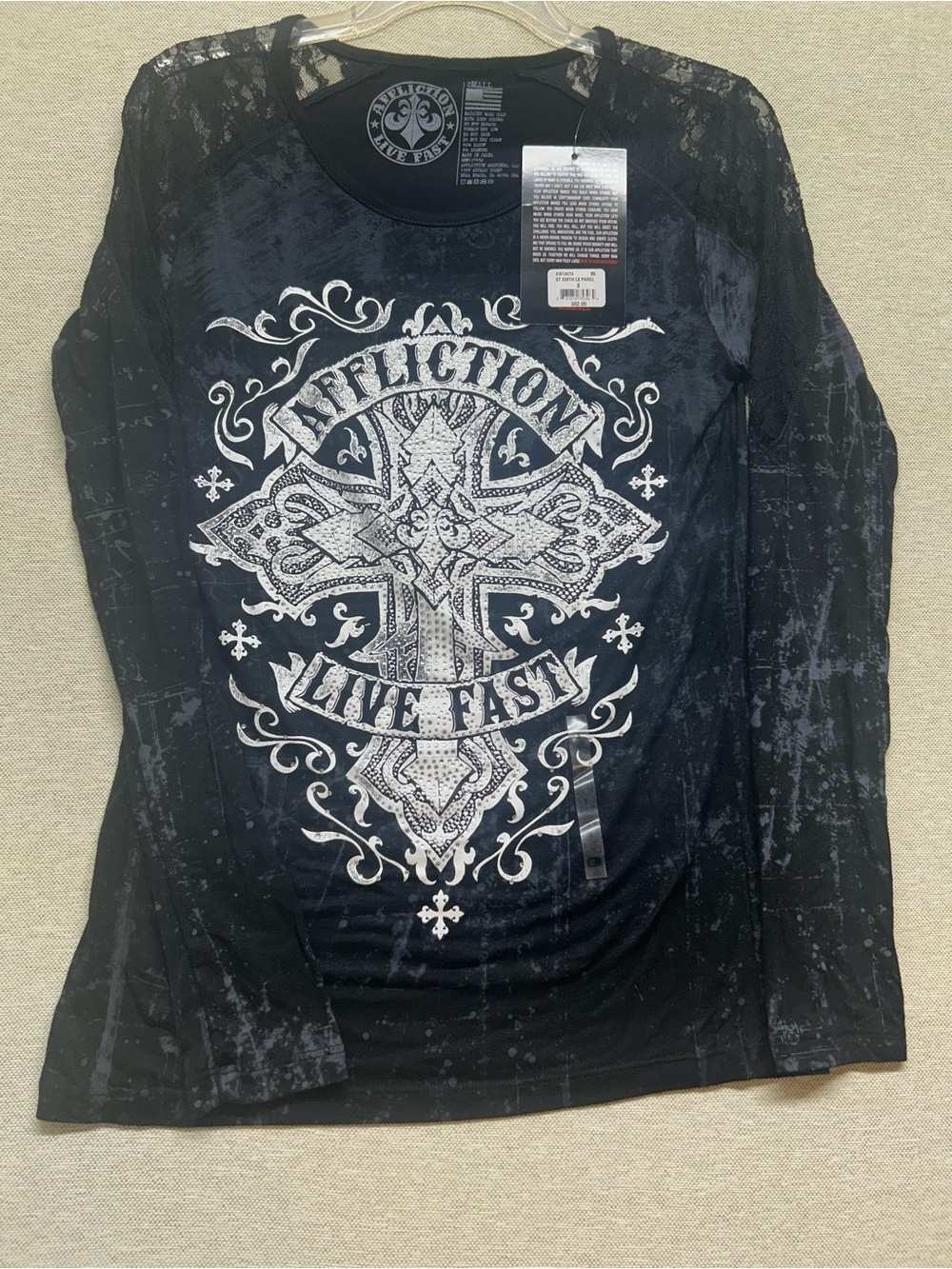 Affliction Women's Black Long Sleeve Lace Shoulder 'Live Fast' Graphic Tee